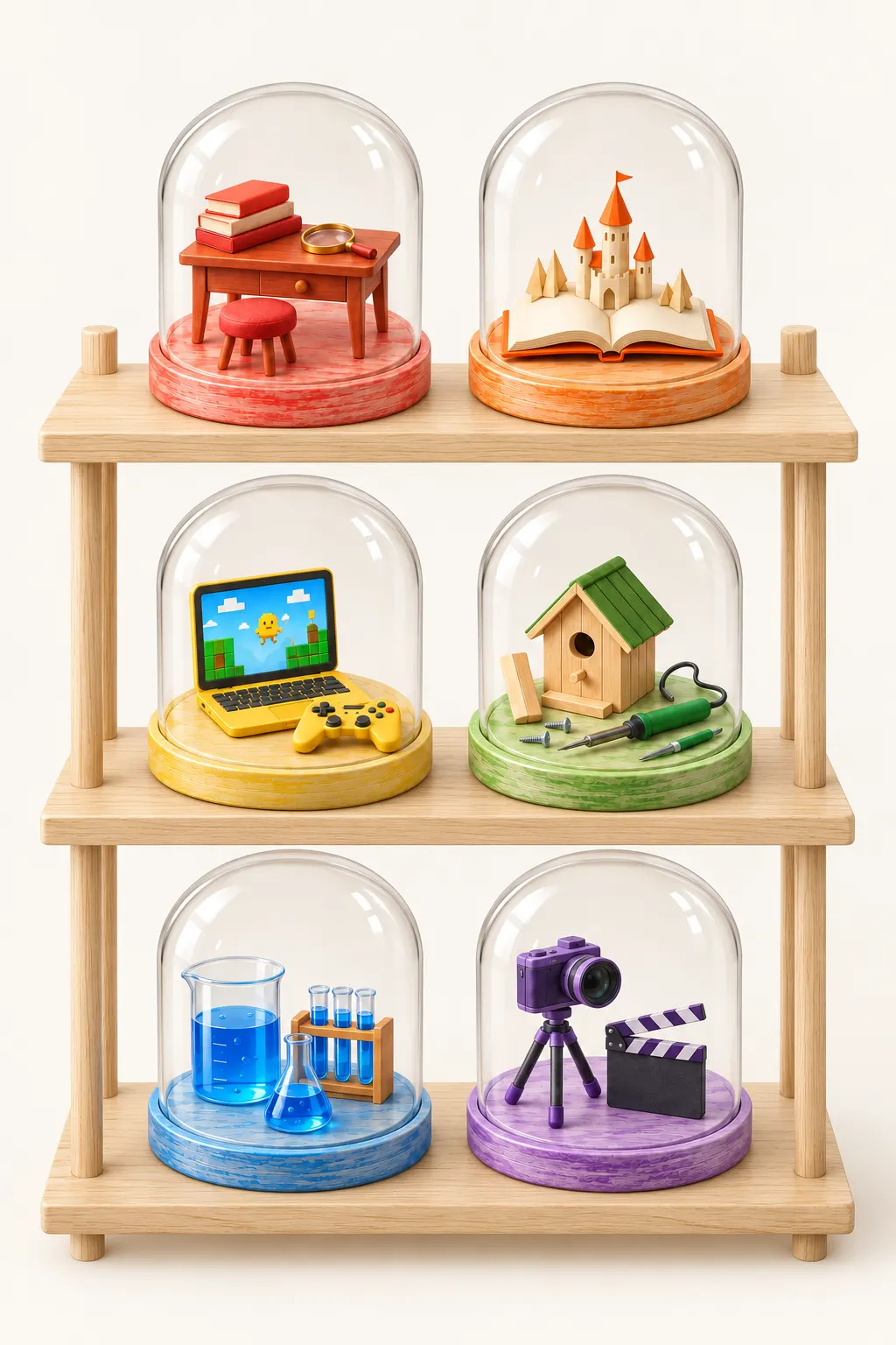 Six glass dioramas on a three-level wooden shelf, one for each kind of Project: research, story, game, build, experiment, and video