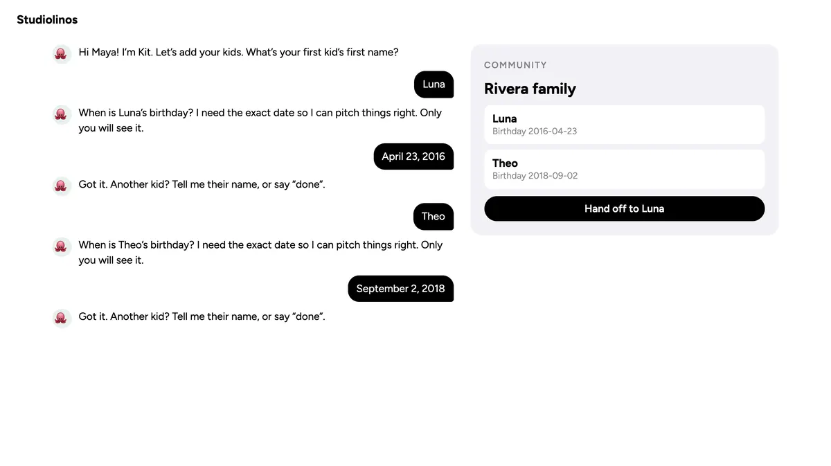 Kit asking a parent for each child's name and birthday while the Rivera family Community fills in beside the chat