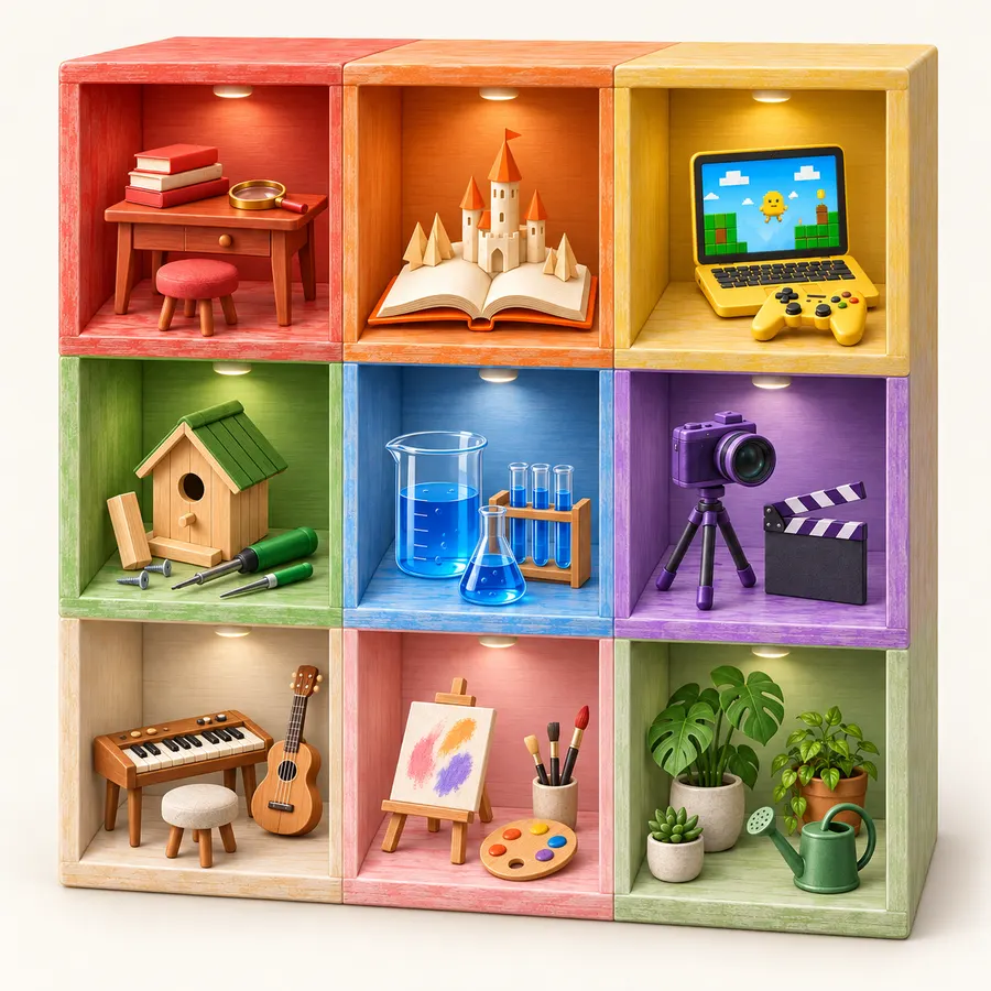A three by three stack of tiny 3D studio rooms, one for each Project type plus three more